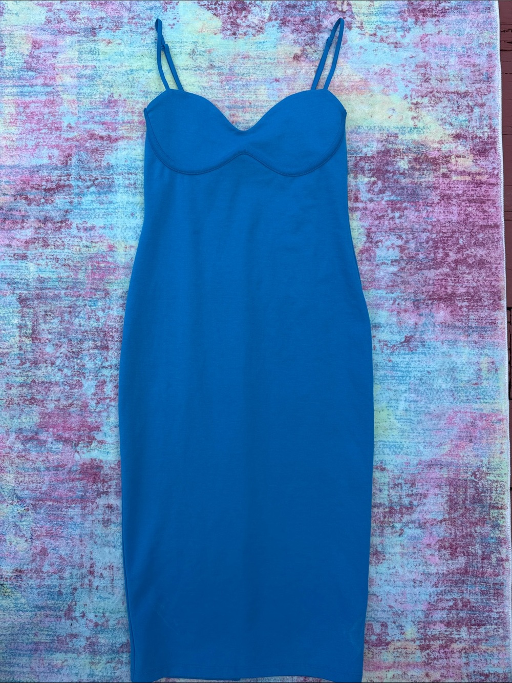 Zara Bright Blue Midi Bodycon Dress with Spaghetti Straps